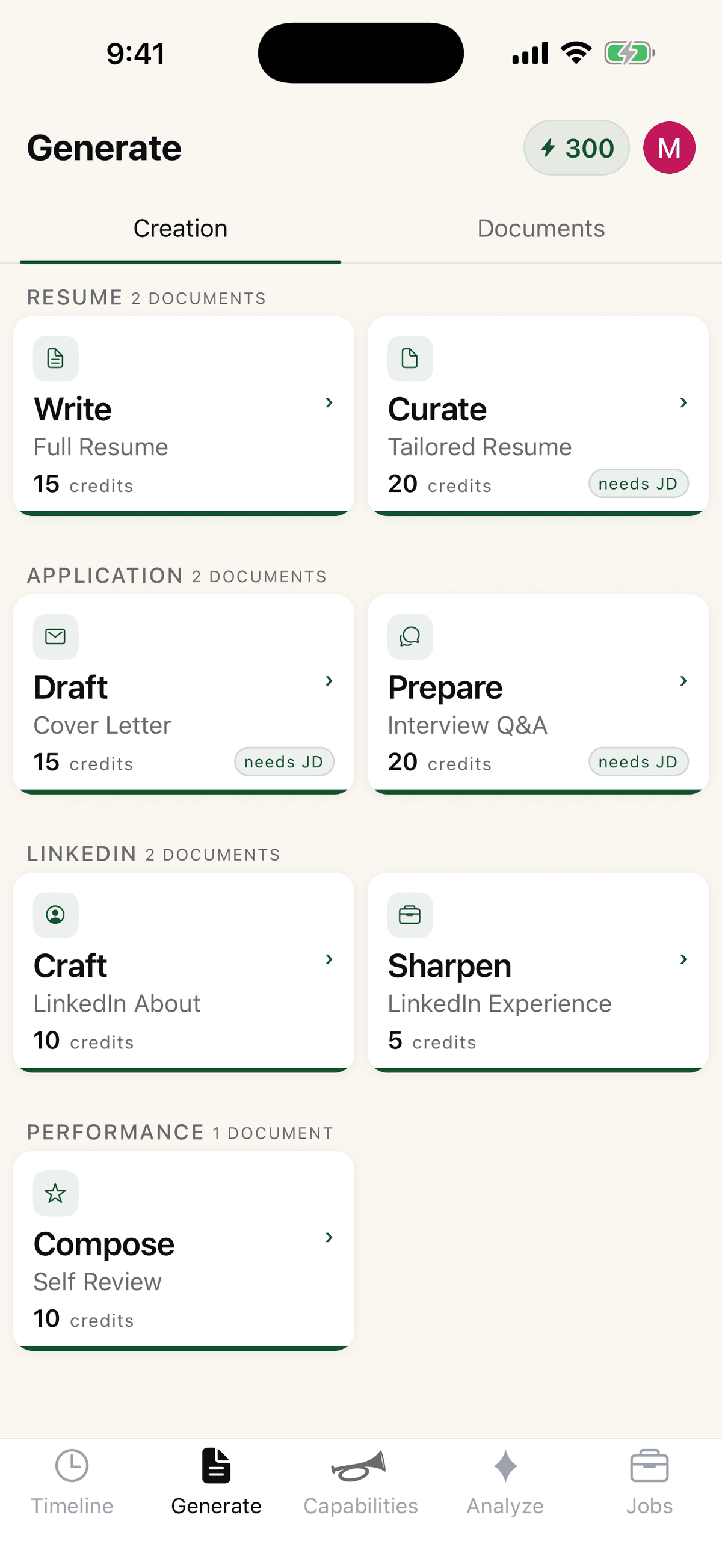 Tootly's Generate screen listing resume, cover letter, LinkedIn, and self-review documents grouped by category, each with a credit cost